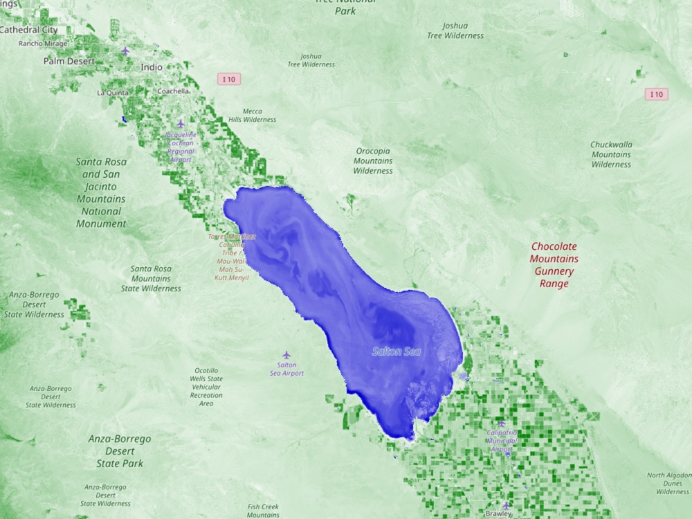 Sentinel-2 NDWI water index of the Salton Sea and Coachella Valley, 20 August 2015, the sea at near full extent.