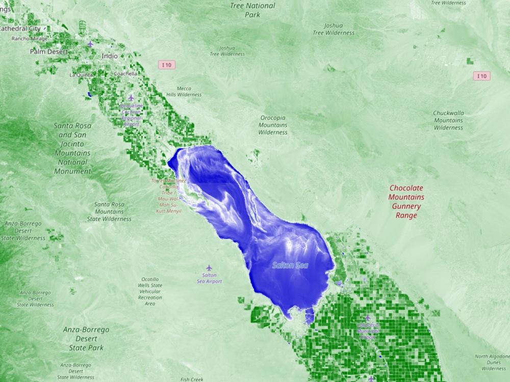 Sentinel-2 NDWI water index of the same region, 25 March 2026, the sea visibly receded with exposed playa along its margins.